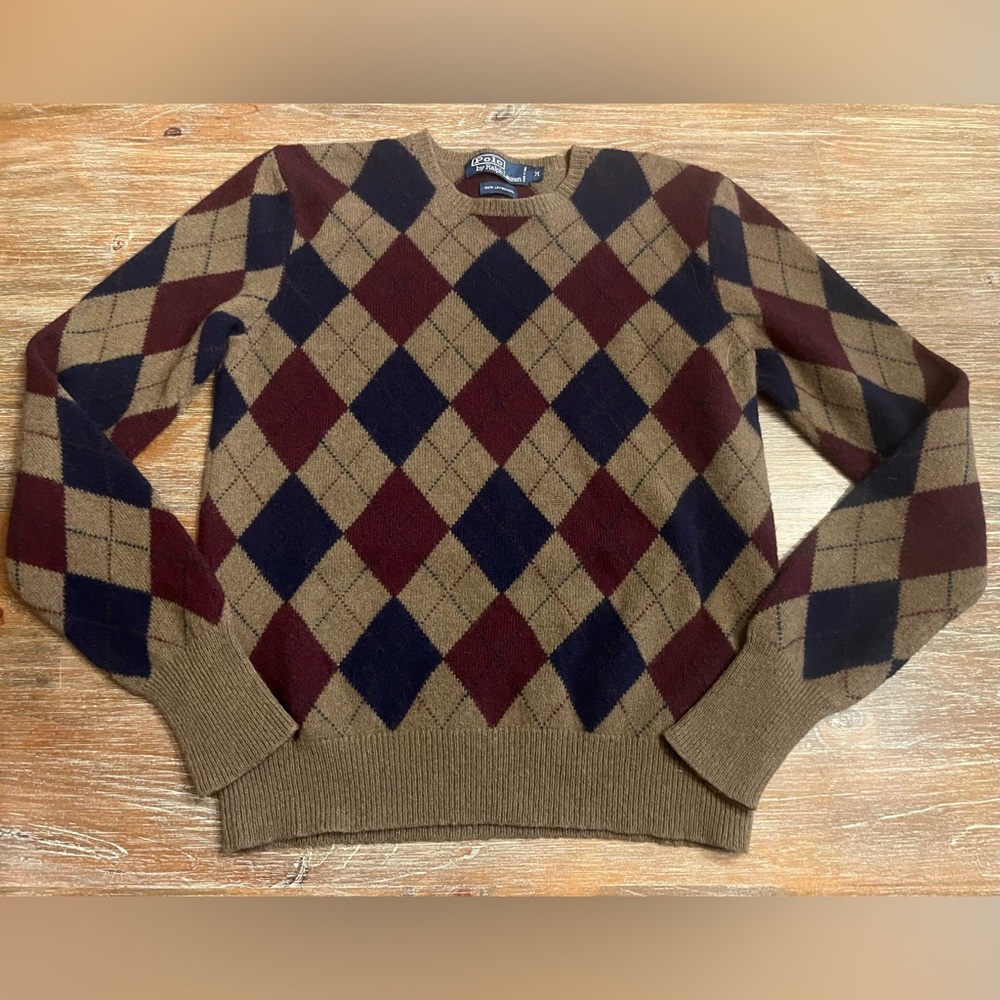 MENS POLO RALPH LAUREN ARGYLE 100% LAMBSWOOL SWEATER, MEDIUM